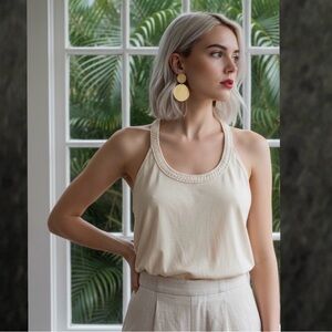 Ralph Lauren Cream Tank Top with Macrame Racer Back and Trim Size: Small